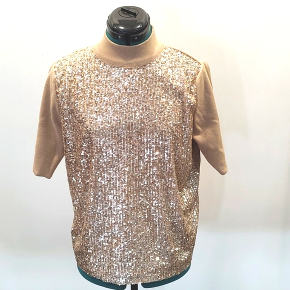 Ann Taylor Gold Sequins Short Sleeve Turtleneck Sweater Medium NWT - Picture 1 of 9